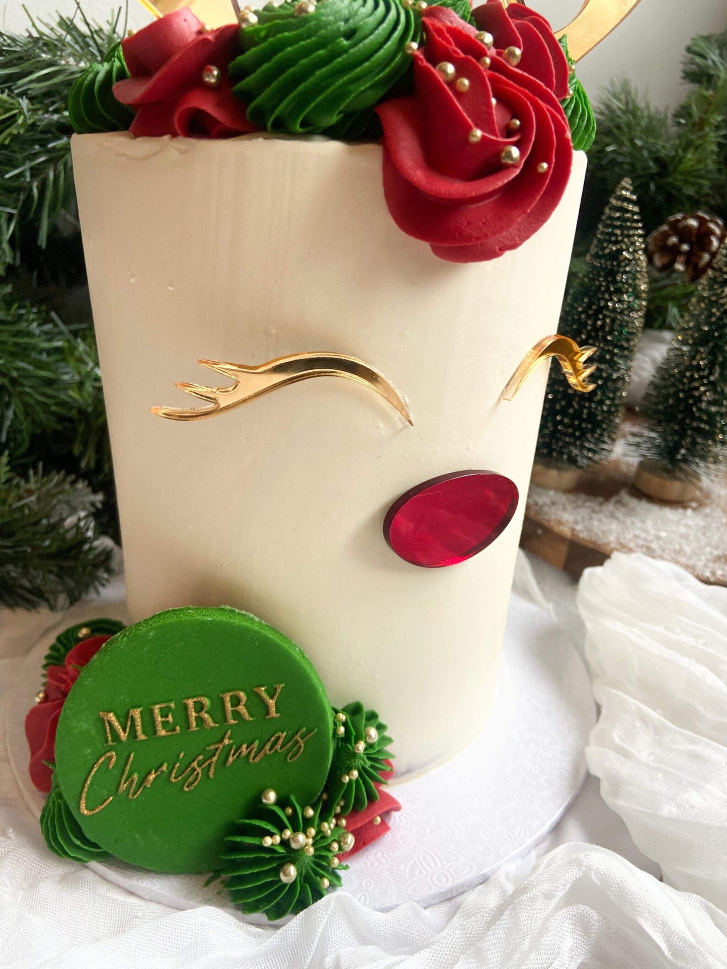 Acrylic Reindeer Cake Topper Set | Gold And Red