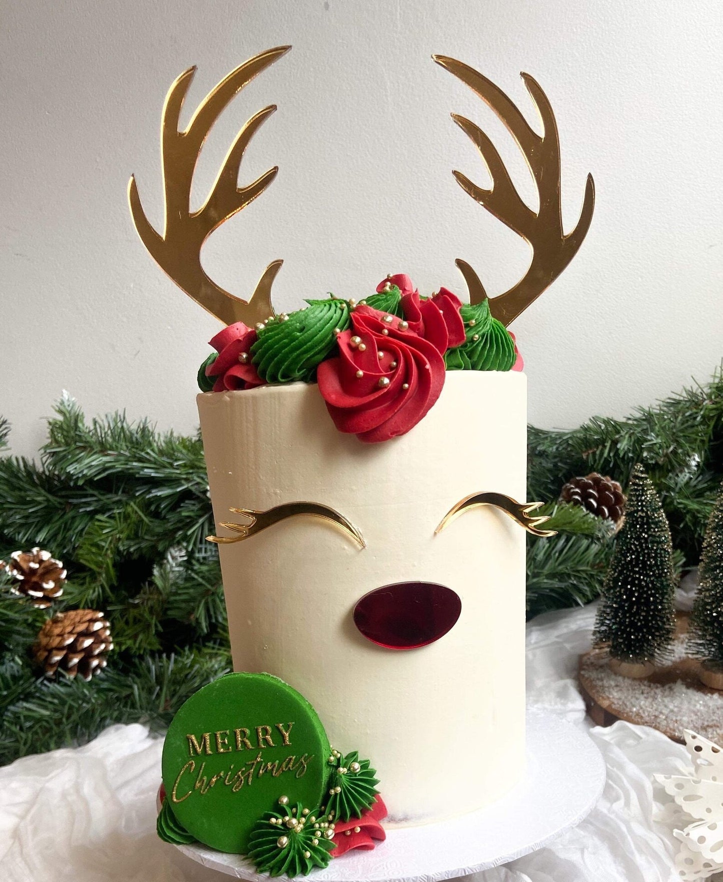 Acrylic Reindeer Cake Topper Set | Gold And Red