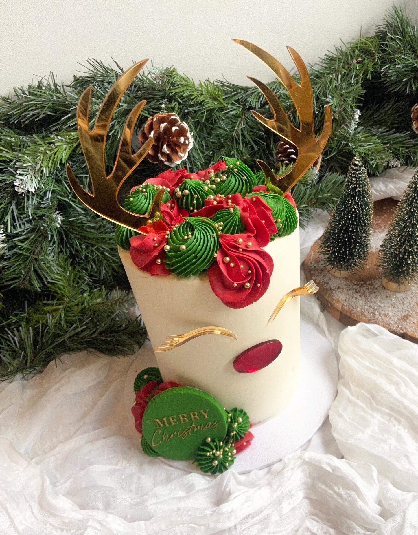 Acrylic Reindeer Cake Topper Set | Gold And Red