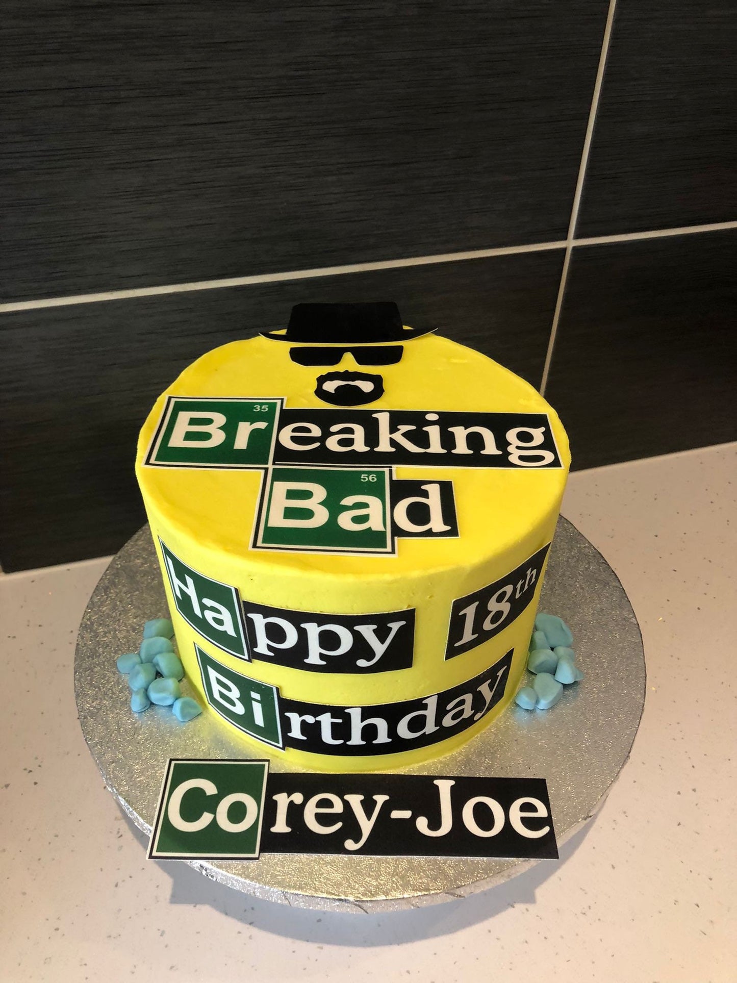 Personalised Breaking Bad style edible icing message. Your choice of words. Option to have logo and Walter. Periodic table cake.