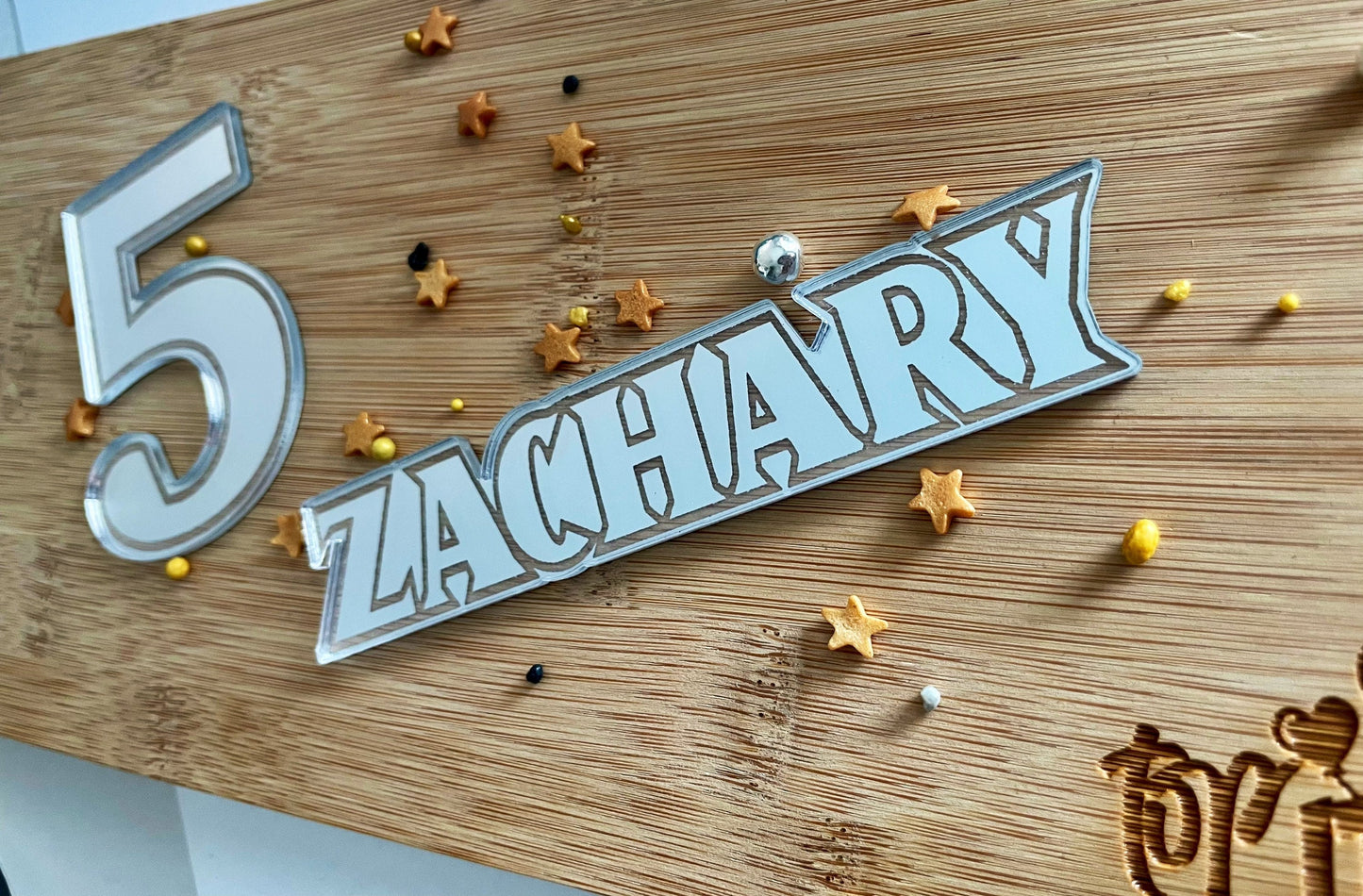 Personalised Acrylic name and age charm. Silver acrylic and gold acrylic. Cake charm topper set.