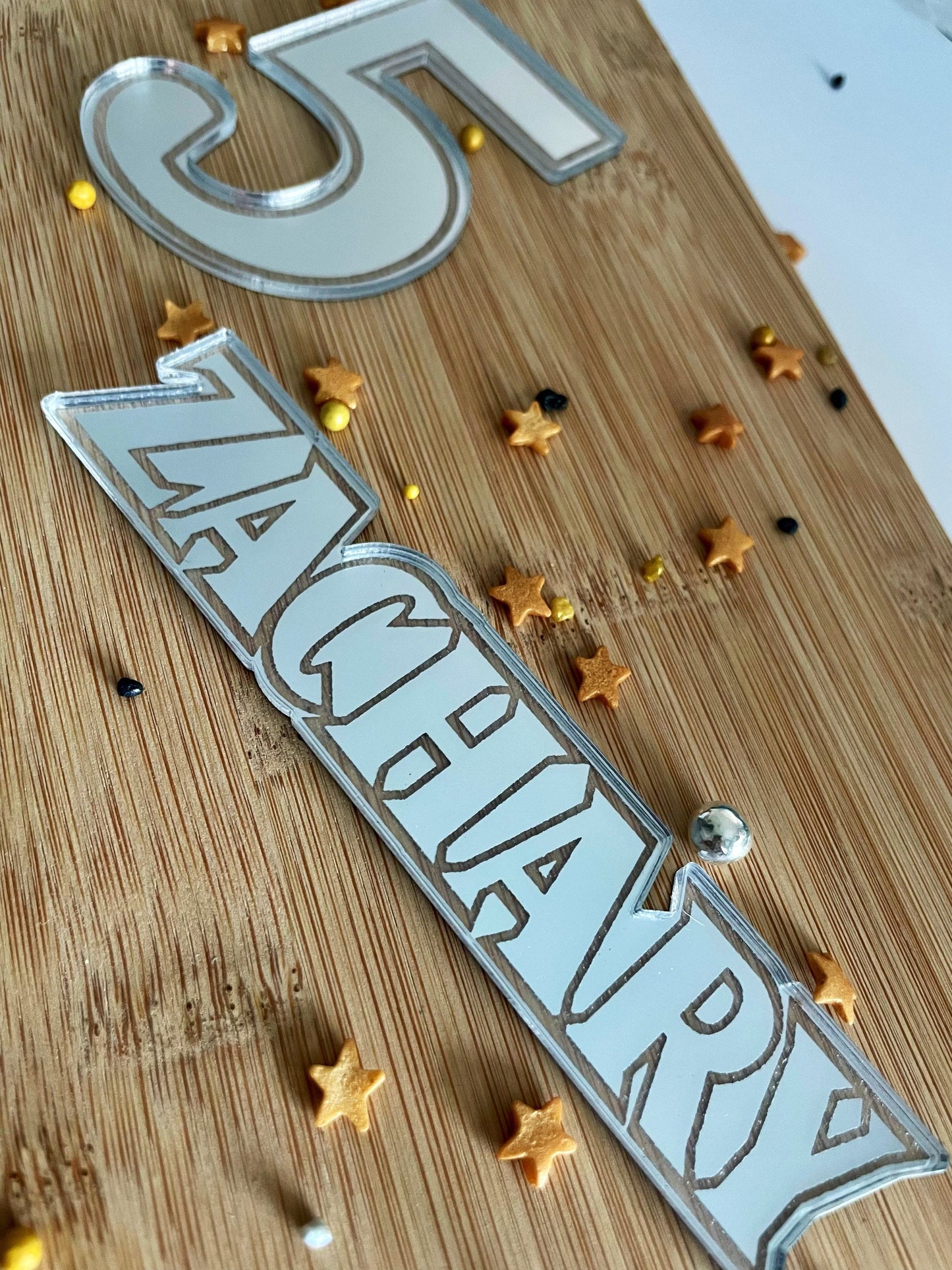 Personalised Acrylic name and age charm. Silver acrylic and gold acrylic. Cake charm topper set.