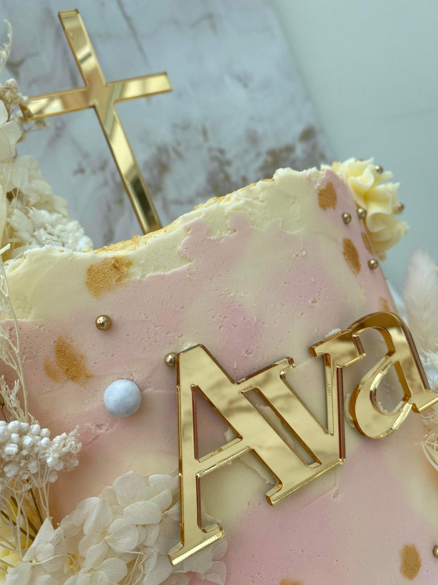 Christening / baptism Cake topper set. Gold acrylic cross. Gold acrylic name. Acrylic name charm