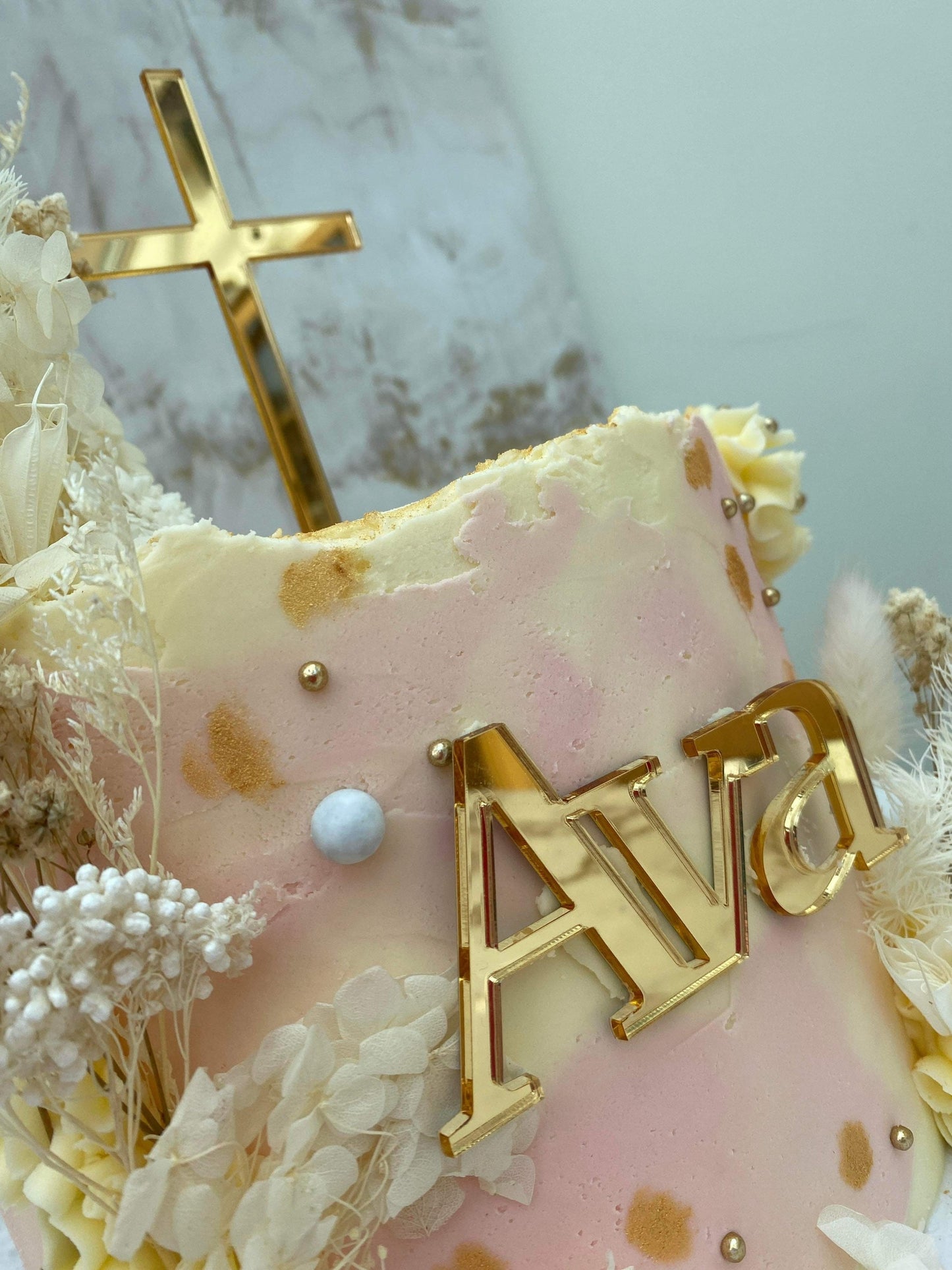 Christening / baptism Cake topper set. Gold acrylic cross. Gold acrylic name. Acrylic name charm