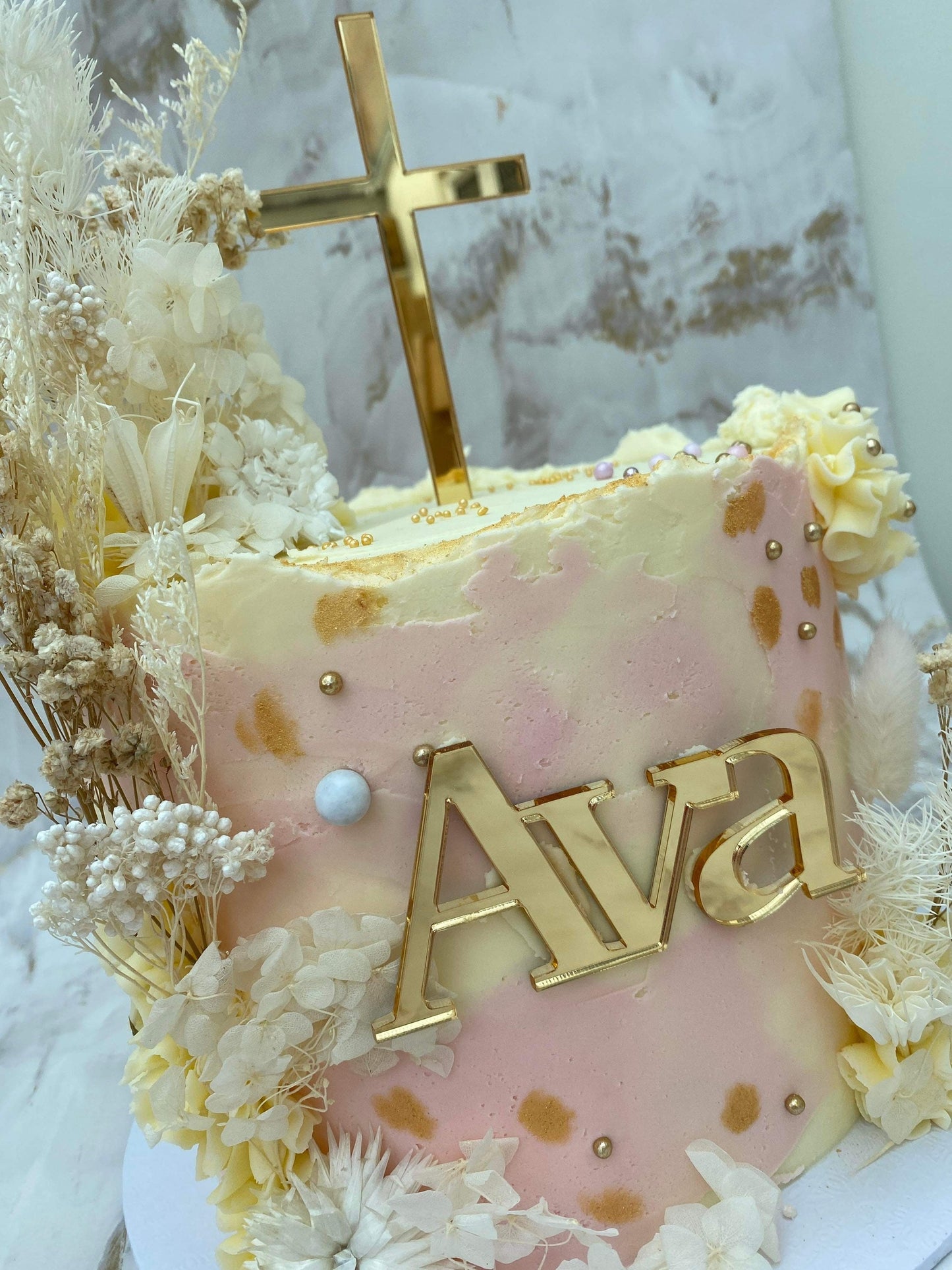 Christening / baptism Cake topper set. Gold acrylic cross. Gold acrylic name. Acrylic name charm