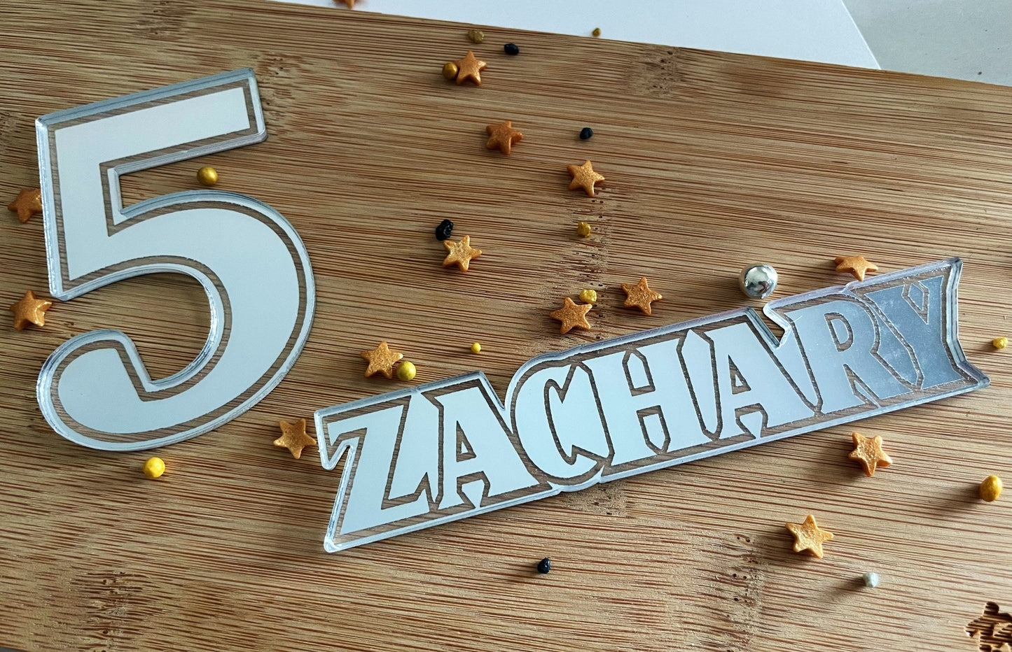 Name and age charm.  Sheet cake topper. Acrylic gold topper. Engraved acrylic charm set.