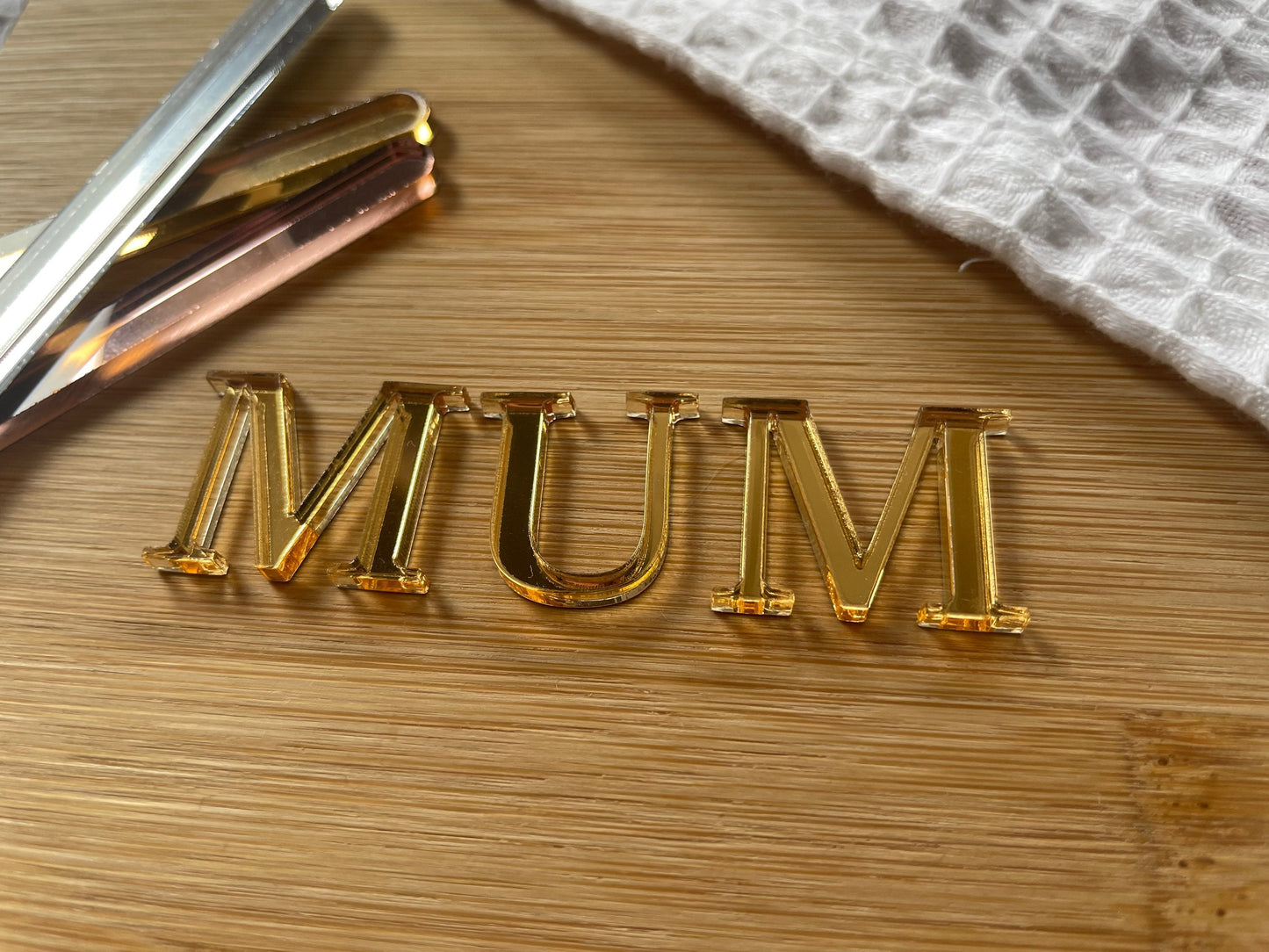 Gold acrylic letters. Mum charm. Individual letters. Mirror acrylic charms. Initial Charms. Cakescicle charm. Sheet cake. Cupcake topper.