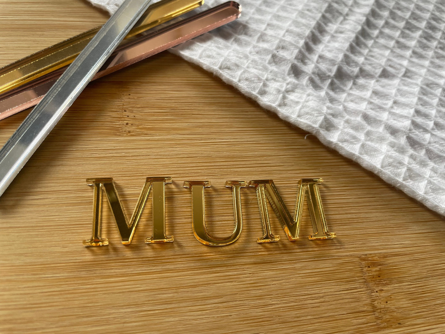 Gold acrylic letters. Mum charm. Individual letters. Mirror acrylic charms. Initial Charms. Cakescicle charm. Sheet cake. Cupcake topper.