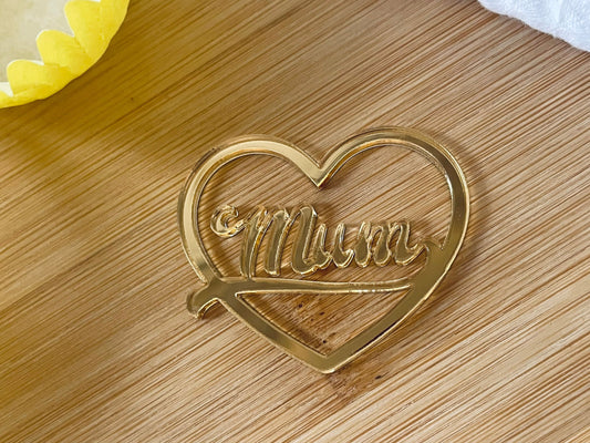 Gold acrylic mum heart charm. Cupcake charm. Cakescicles charm. Tray bake charm. Acrylic toppers. Cake sheet charm. Mum Cake topper