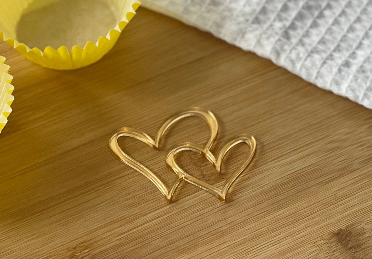 Gold acrylic heart charm. Cupcake charm. Cakescicles charm. Tray bake charm. Acrylic toppers. Mother’s Day cake charms. Wedding charms.