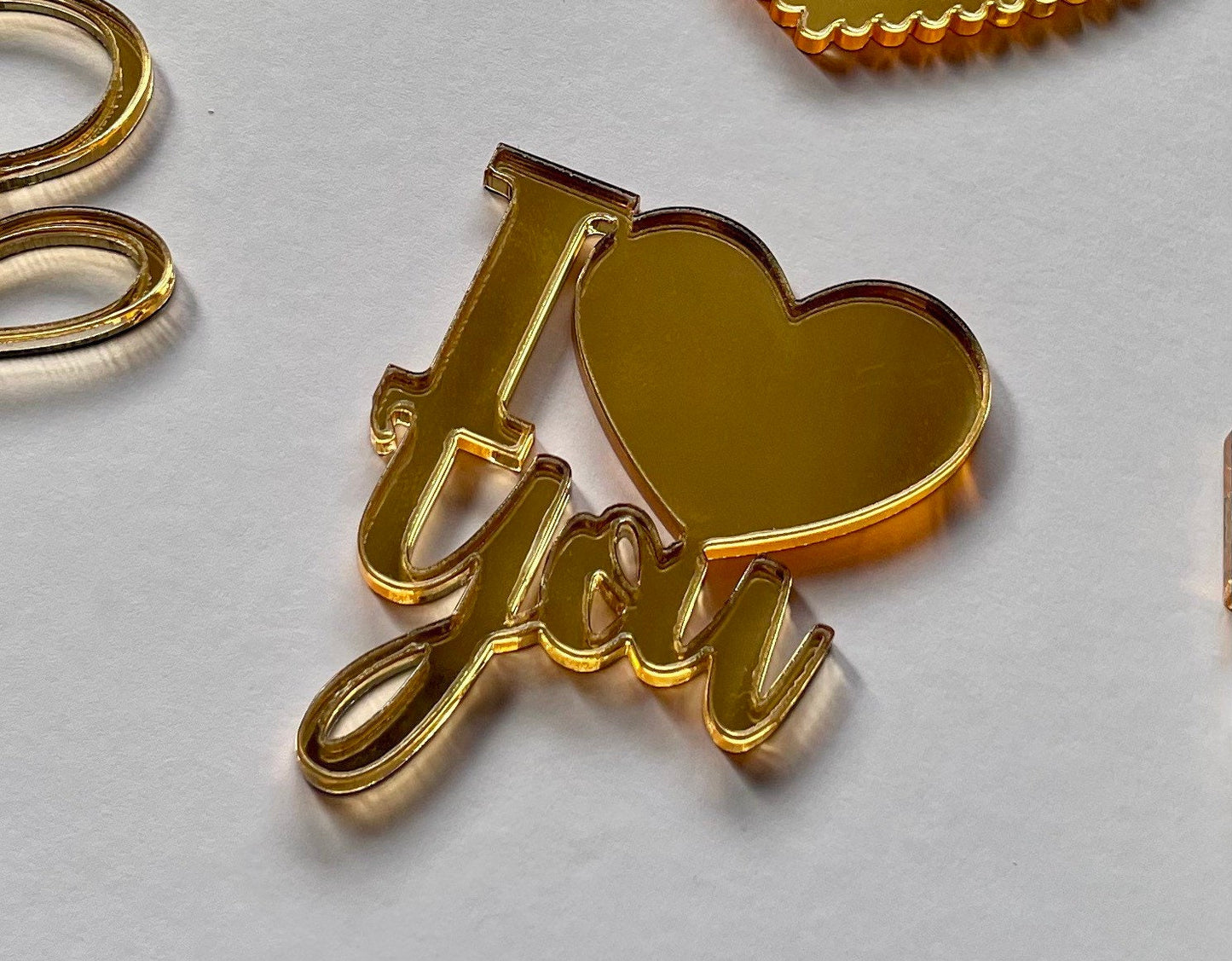 Gold acrylic I love you charm. Cupcake charm. Cakescicles charm. Tray bake charm. Acrylic toppers. Anniversary cake. mum. Wedding charms.