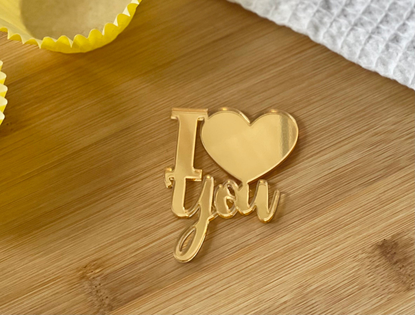 Gold acrylic I love you charm. Cupcake charm. Cakescicles charm. Tray bake charm. Acrylic toppers. Anniversary cake. mum. Wedding charms.