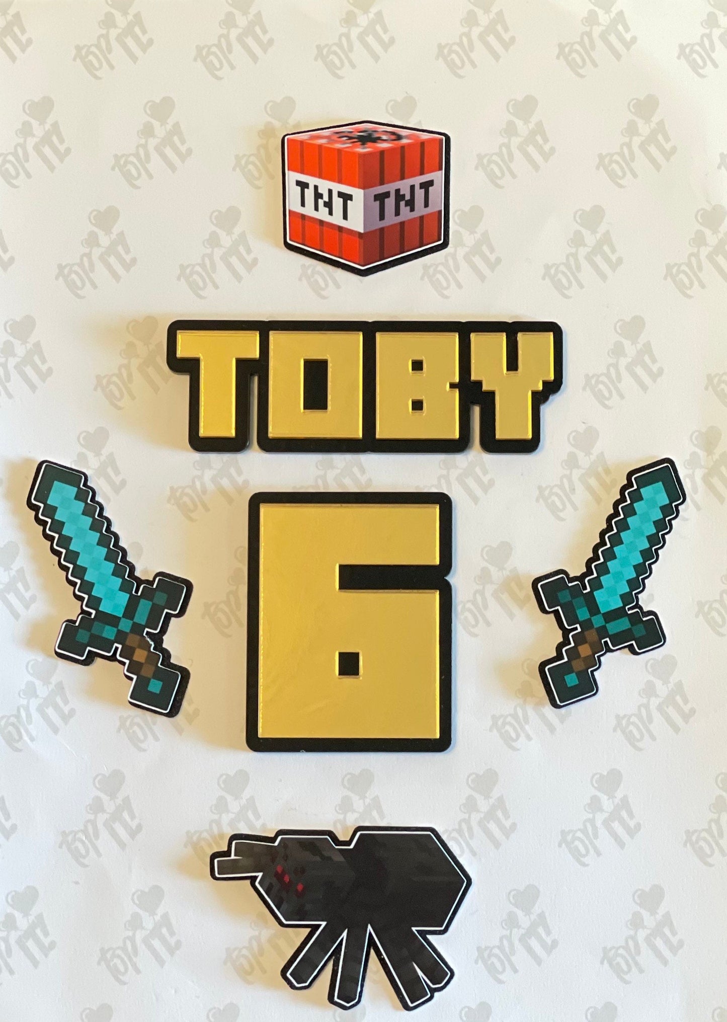 Mine theme Name and age charm. Double layered gold and black acrylic.  Cake charms. Gamers cake ideas.