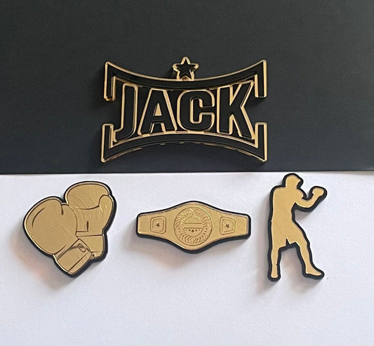 gold acrylic Boxing cake topper set. Mini charms. Black and gold. Boxing mini toppers. Boxing name charm.