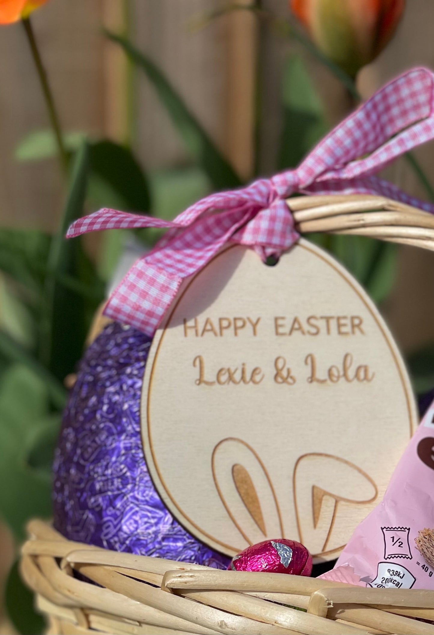 Easter Basket tag. Personalised Happy Easter tag. Bunny design egg shape tag with name.