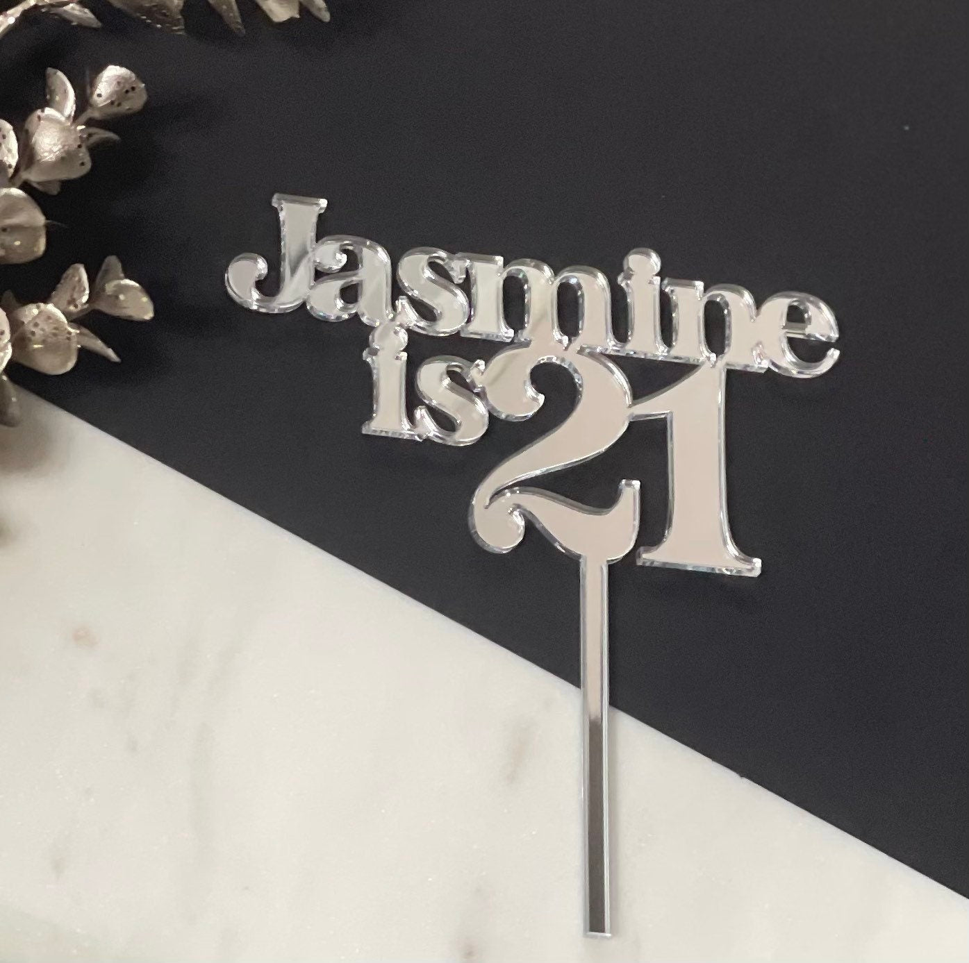 Retro name is age acrylic cake topper. Silver acrylic. Gold acrylic. Rose gold. Coloured acrylic. Shaggy cake topper