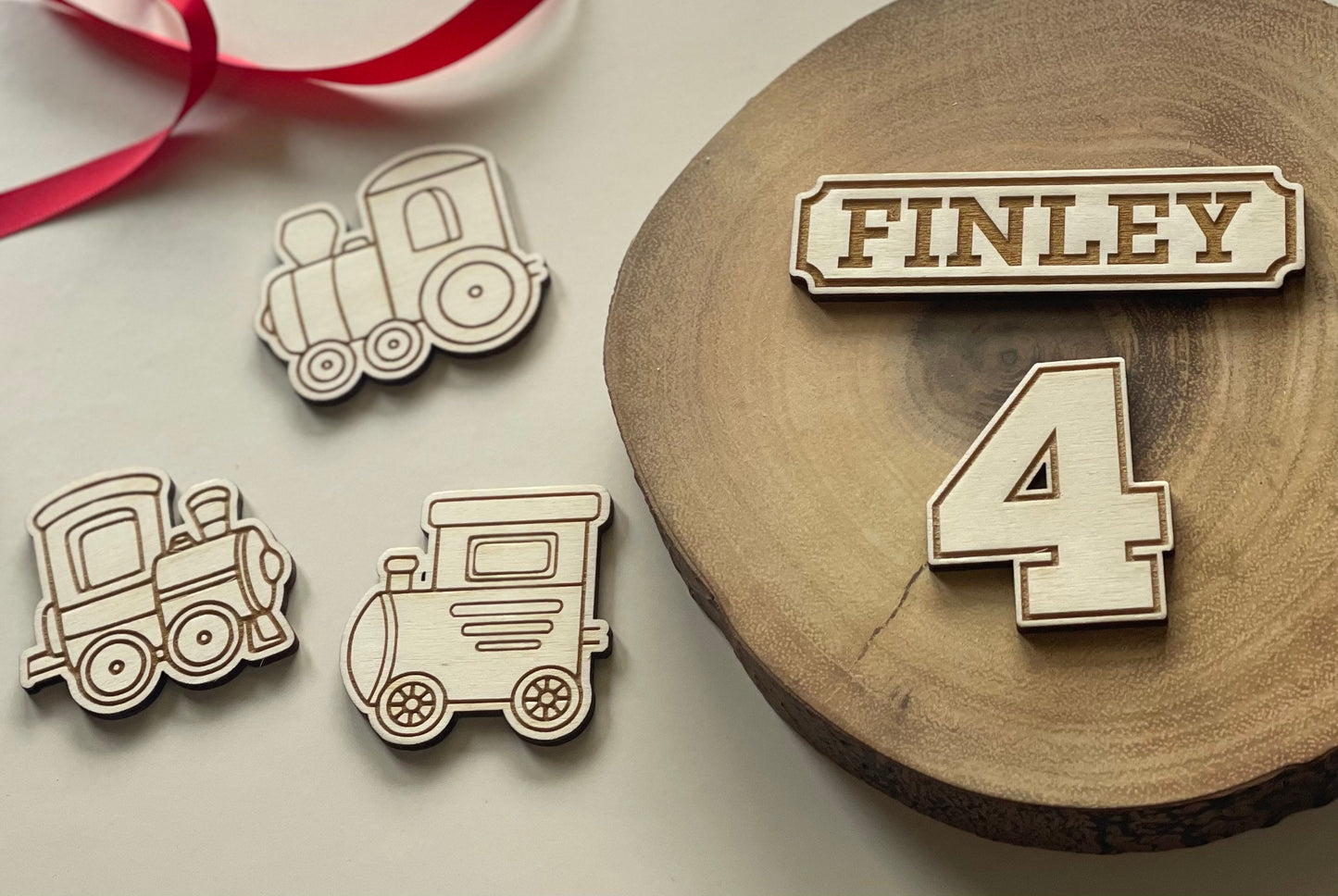 Kids wooden train cake topper set. Cake charms. Train theme cake toppers. Train sheet cake toppers.