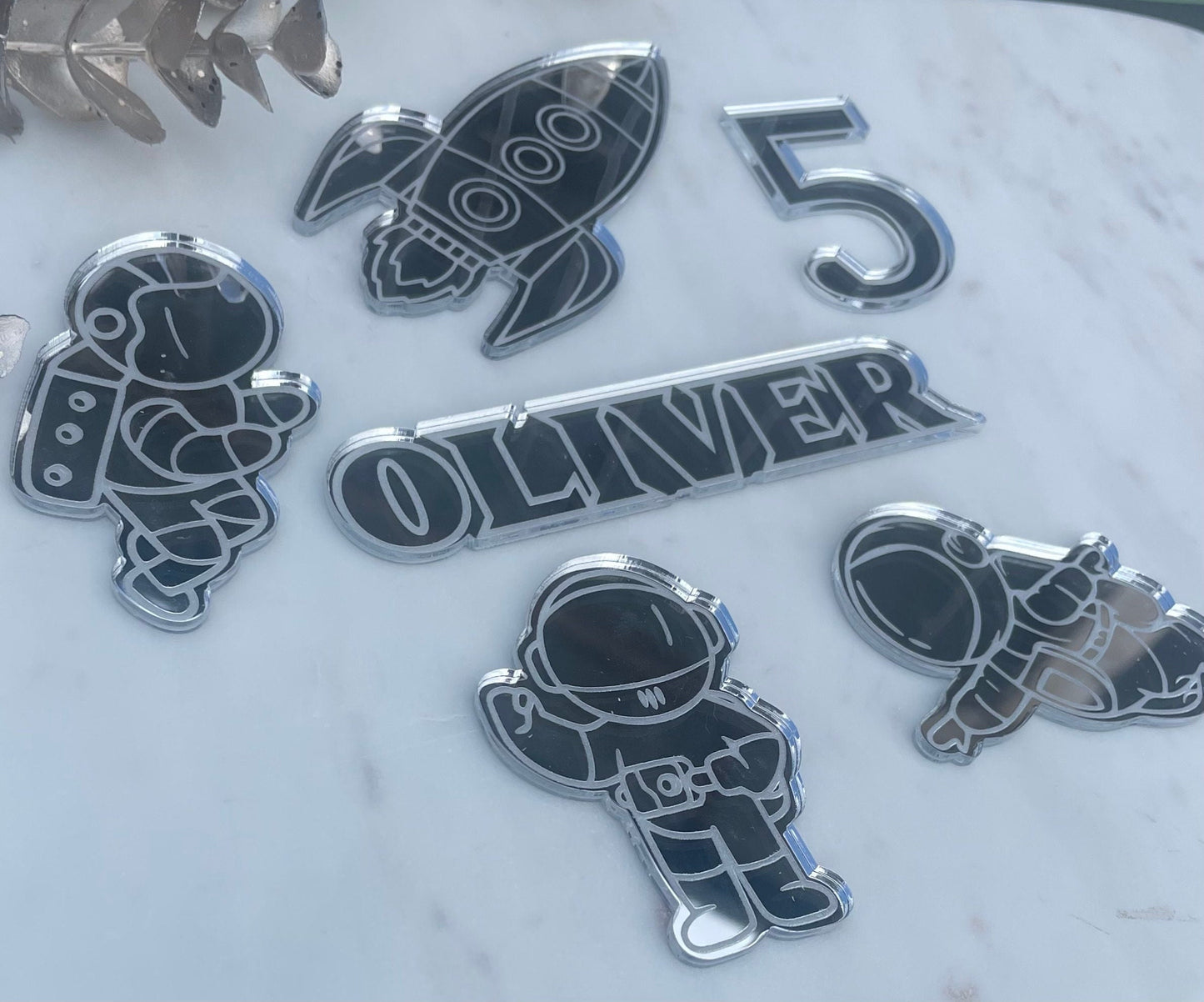 Acrylic space cake toppers. Mini astronauts. Name and age charm. Rocket cake charm.