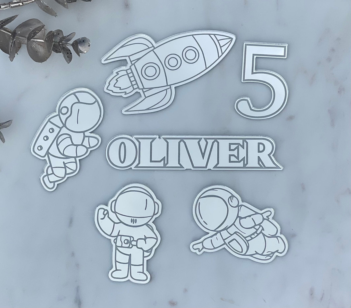 Acrylic space cake toppers. Mini astronauts. Name and age charm. Rocket cake charm.