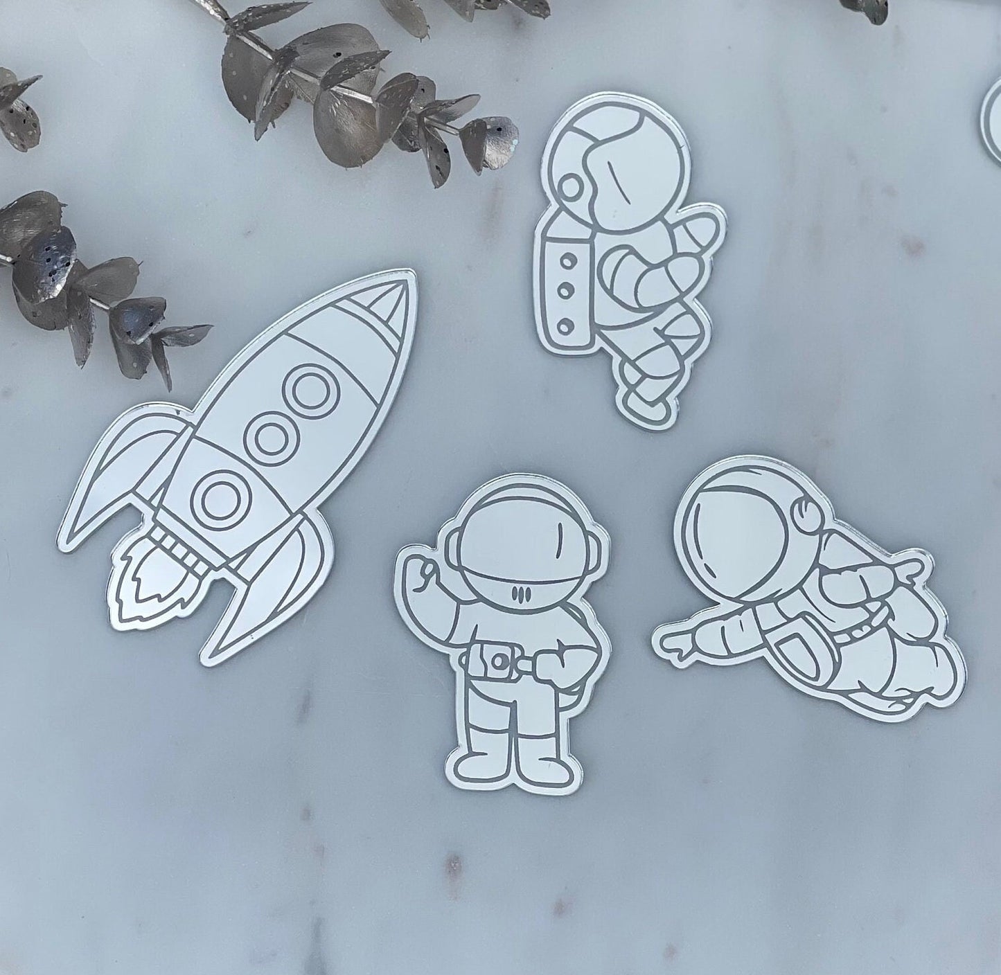 Acrylic space cake toppers. Mini astronauts. Name and age charm. Rocket cake charm.