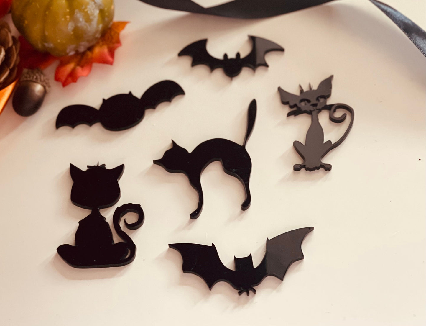 Black cats and bats. Halloween cupcakes charms. Acrylic toppers for cupcakes crafts  and decoration.