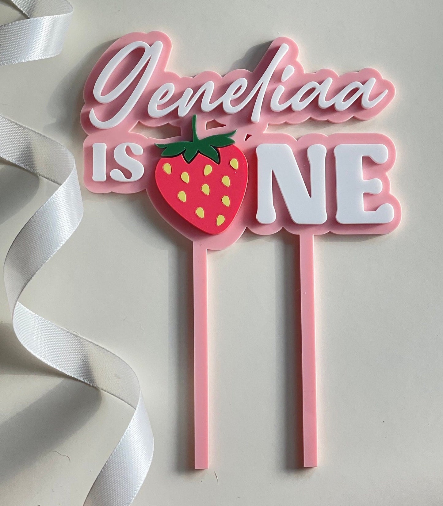 Strawberry cake topper. First birthday topper.  Personalised Acrylic charm.