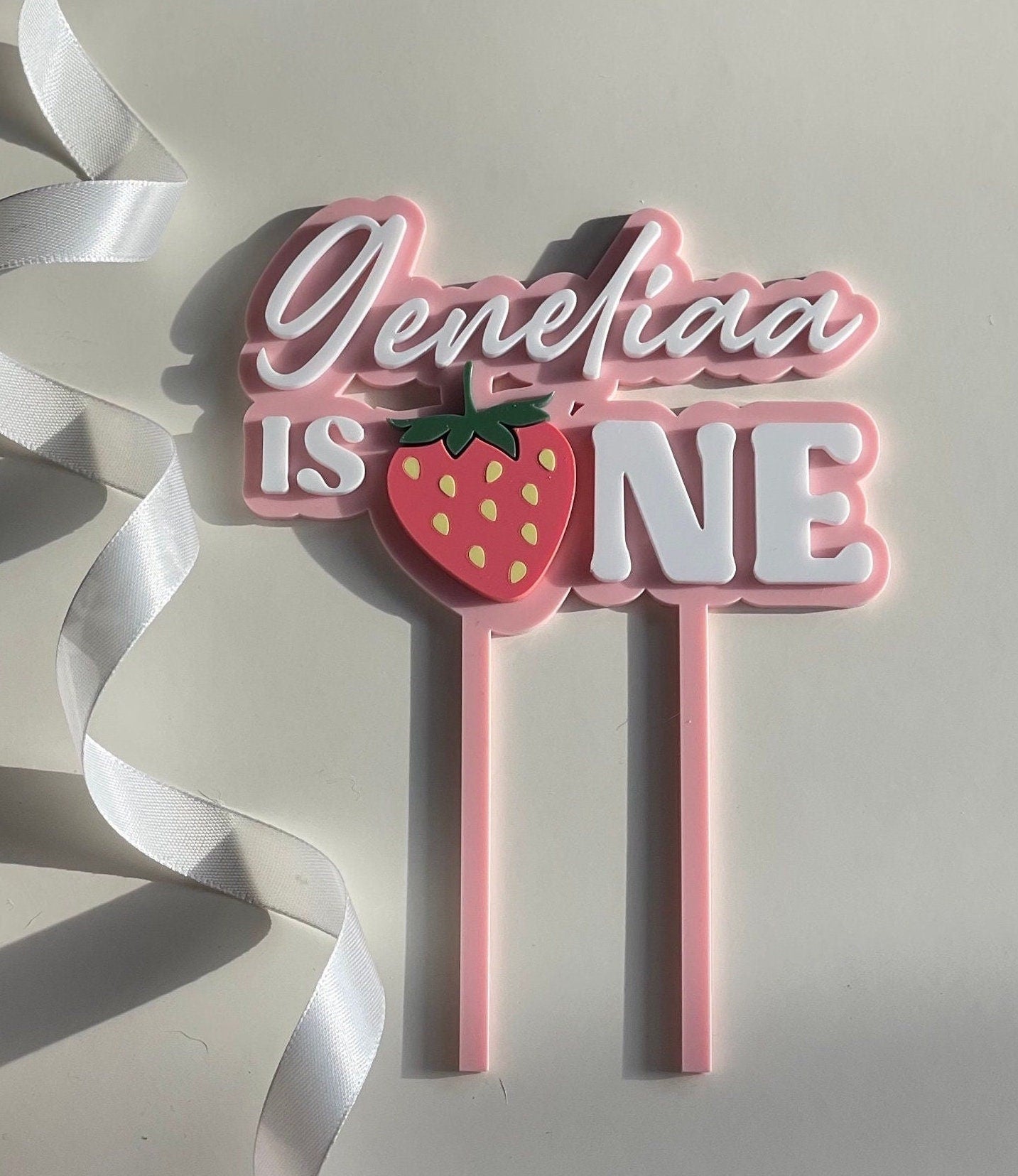 Strawberry cake topper. First birthday topper.  Personalised Acrylic charm.