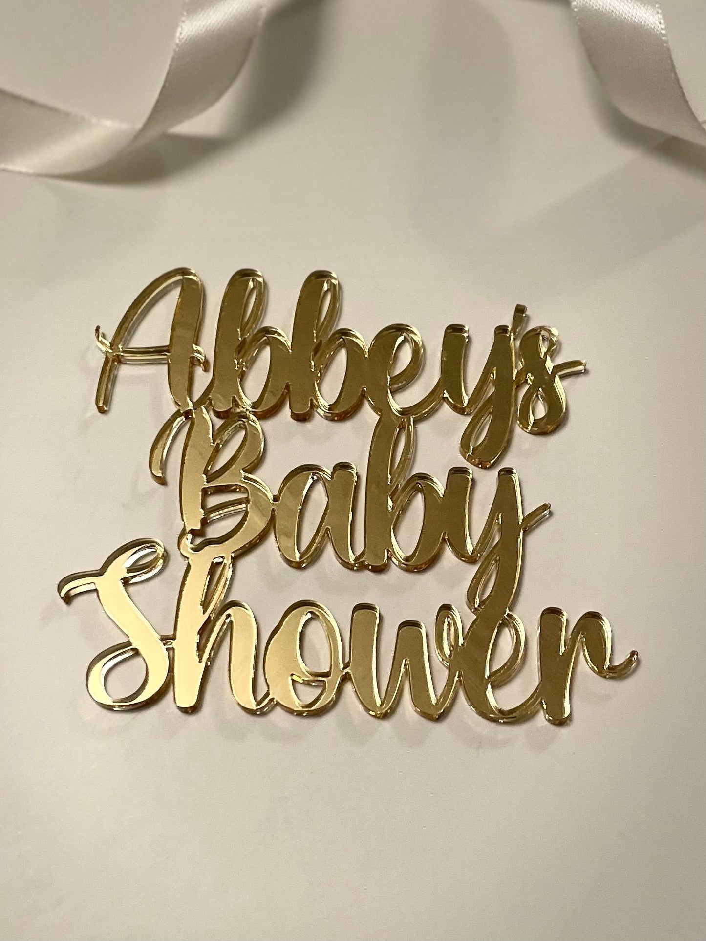 Mirrored Acrylic baby shower cake charm. Personalised. Personalised name charm.