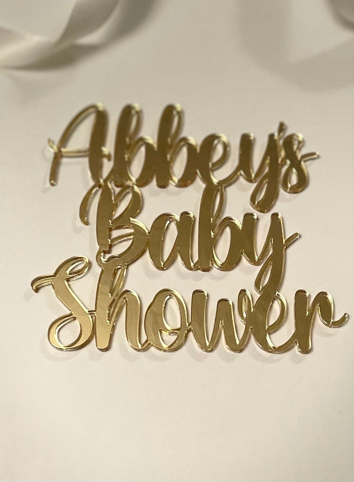 Mirrored Acrylic baby shower cake charm. Personalised. Personalised name charm.