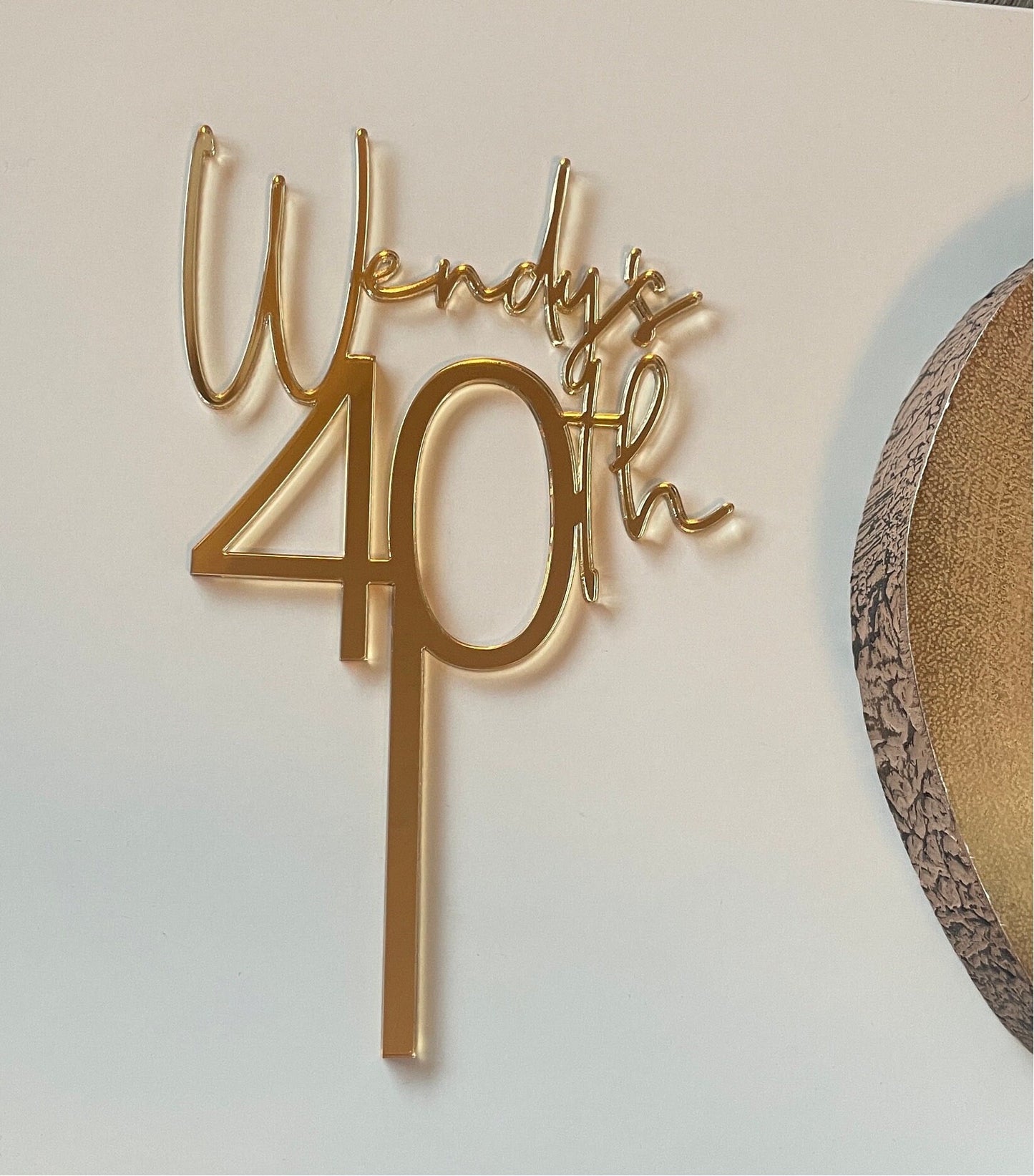 Personalised 40th cake topper. Name and age topper. Mirrored acrylic topper.